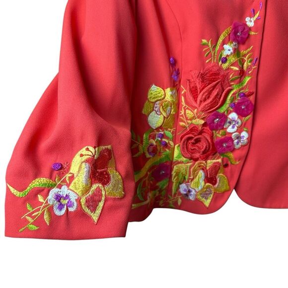 John Meyer Norwich Bright Orange Floral Embroidered Vintage Lined Blazer Sz 14 - Picture 4 of 12